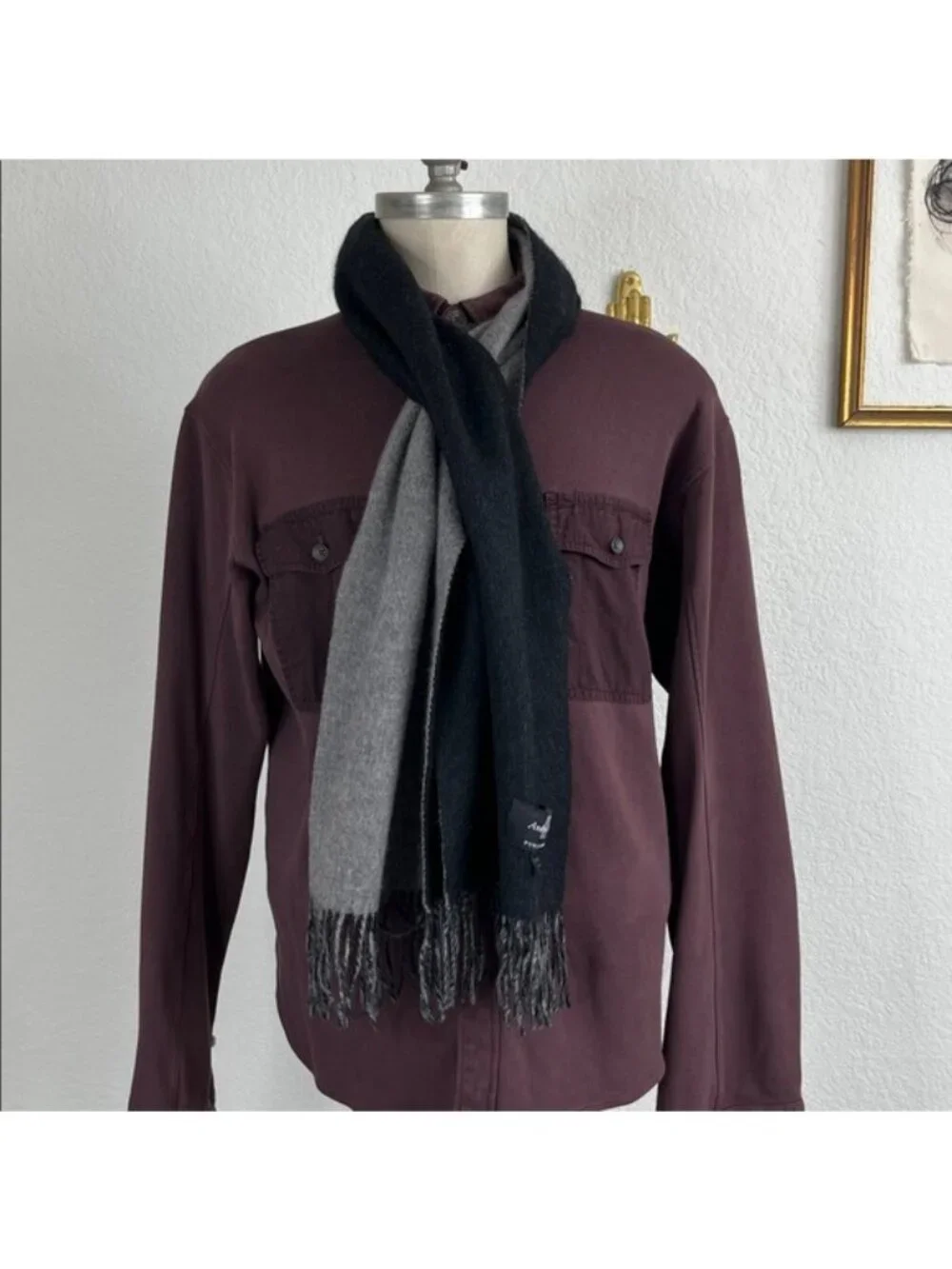 Andrew Noble Pure Cashmere Reversible Gray Black Fringe Scarf